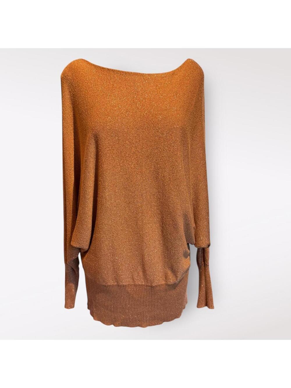 Rust Orange Metallic Knit Sweater with Batwing Sleeves